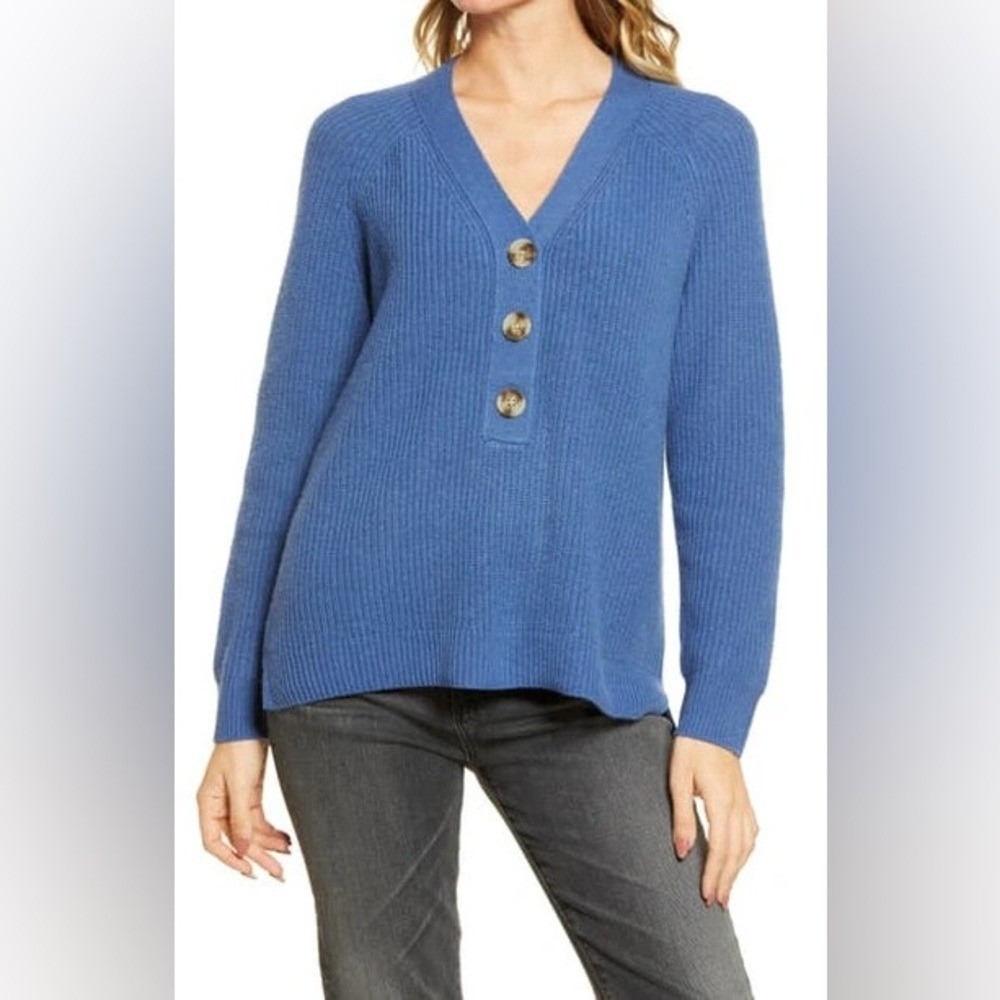 Madewell Merino Wool Ribbed Henley Sweater Blue Button Front Raglan Small